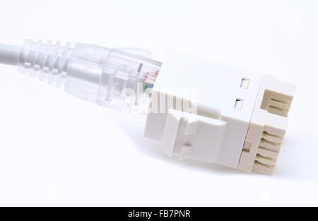 Gray ethernet Cat5e cable plugs to the RJ45 keystone on a white background. Stock Photo