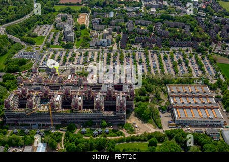 Aerial view, University Hospital RWTH Aachen, University Hospital Aachen with helipad, extravagant helipad with SAR helicopter, Stock Photo