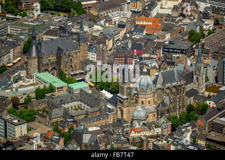 Aerial view, Aachen Cathedral and Aachen City Hall, overlooking the central Aachen, Aachen, Meuse-Rhine Euroregion, Stock Photo