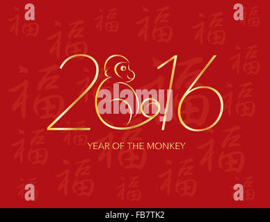 Chinese New Year Monkey 2016 Numerals Line Art with Prosperity traditional text symbol on red background Illustration Stock Photo