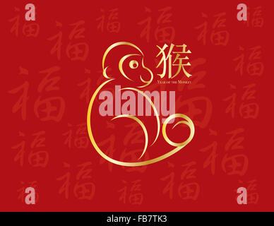 Chinese New Year Monkey 2016 Line Art with Prosperity traditional text symbol on red background Illustration Stock Photo