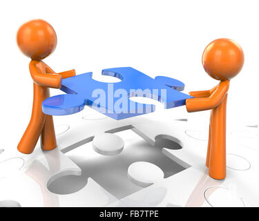 Two orange men working as a team to assemble a puzzle. Great illustration for problem solving and coordinated efforts. Stock Photo