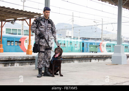 Rio de Janeiro, Brazil, 11th January 2016: BAC-Action Battalion with Dogs conducts training against terrorism for the Olympic Games Rio 2016. The BAC dogs are trained to identify weapons, drugs and explosives in different situations. BAC dogs trained at the Central do Brasil railway station Credit:  Luiz Souza/Alamy Live News Stock Photo