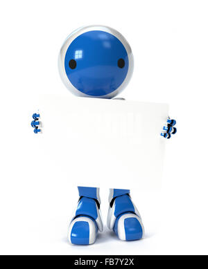 A cute robot holding a blank sign over his body, ready for your text or design. Stock Photo