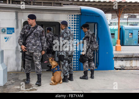 Rio de Janeiro, Brazil, 11th January 2016: BAC-Action Battalion with Dogs conducts training against terrorism for the Olympic Games Rio 2016. The BAC dogs are trained to identify weapons, drugs and explosives in different situations. BAC dogs trained at the Central do Brasil railway station Credit:  Luiz Souza/Alamy Live News Stock Photo