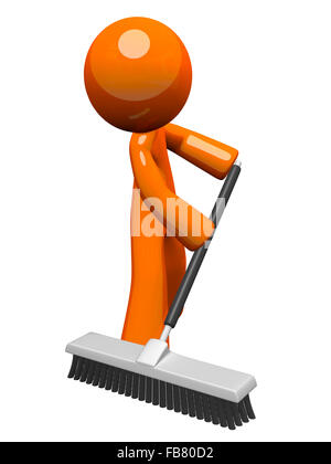 Orange man sweeping and pushing a broom. Stock Photo