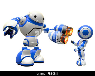 An image depicting internet security, in a fictional sense. Robot pointing plasma gun at invader. Stock Photo