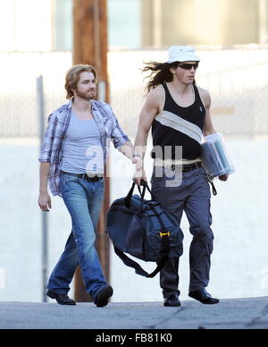 James Franco and his younger brother Dave Franco on set filming the