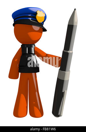 Orange man police officer  holding giant pen. Stock Photo