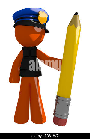 Orange man police officer  holding giant pencil. Stock Photo
