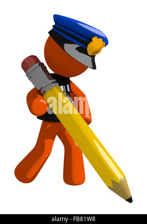 Orange man police officer  writing with giant pencil. Stock Photo