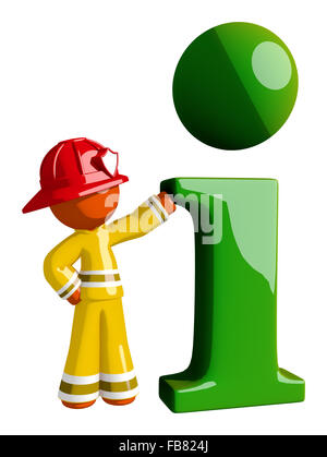 Orange man firefighter with giant info symbol. Stock Photo