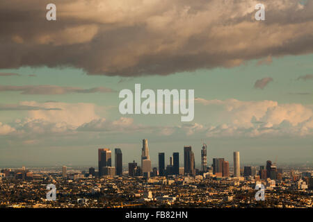 Storm clears over Los Angeles Skyline, View from Mulholland Drive, Los Angeles, California, USA Stock Photo