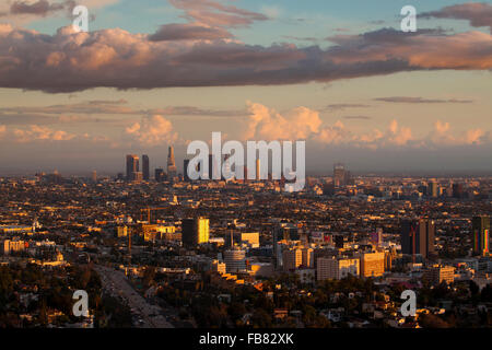 Storm clears over Los Angeles Skyline, View from Mulholland Drive, Los Angeles, California, USA Stock Photo