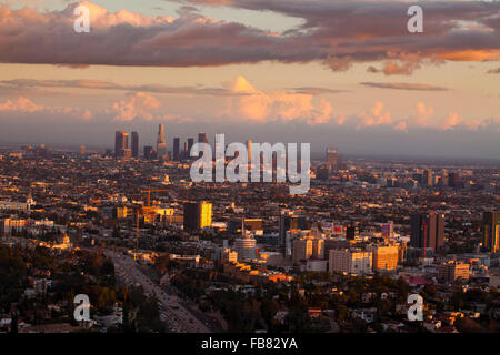 Storm clears over Los Angeles Skyline, View from Mulholland Drive, Los Angeles, California, USA Stock Photo