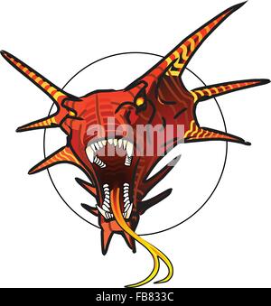 A red dragon head with a fiery tongue roaring at the viewer. Stock Vector