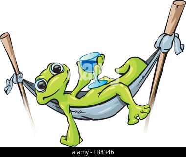 A vector illustration of a gecko relaxing in a hammock holding a cold drink. Stock Vector