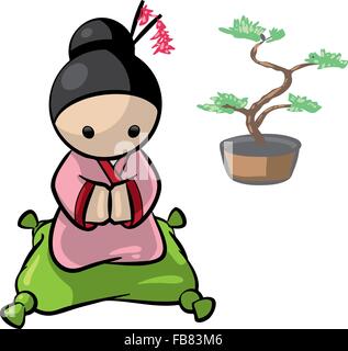 A japanese woman kneeling on a pillow with a banzai tree in the background. Stock Vector