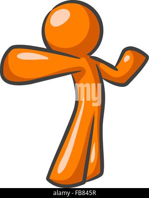 Orange man standing up and punching the air, in a dynamic, heroic pose. Stock Vector