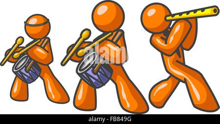 Three orange men comprising a musical group with flutes and drums. Stock Vector