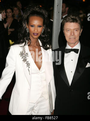 DAVID BOWIE, the infinitely changeable, fiercely forward-looking songwriter who taught generations of musicians about the power of drama, images and personae, died Sunday surrounded by family. He was 69. Bowie died after an 18-month battle with cancer. Pictured: May 7, 2007 - New York, New York, U.S. - Model IMAN and singer DAVID BOWIE at the Costume Institute Gala celebrating Poiret: King of Fashion, an exhibition at the Metropolitan Museum of Art. (Credit Image: © Nancy Kaszerman/ZUMA Press) Stock Photo