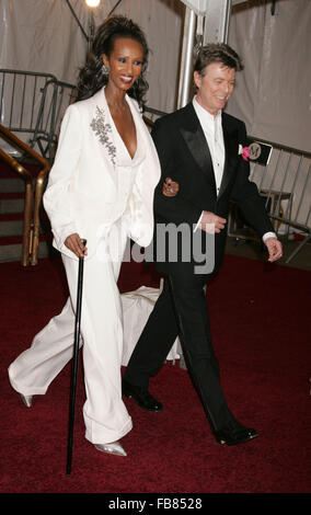 DAVID BOWIE, the infinitely changeable, fiercely forward-looking songwriter who taught generations of musicians about the power of drama, images and personae, died Sunday surrounded by family. He was 69. Bowie died after an 18-month battle with cancer. Pictured: May 7, 2007 - New York, New York, U.S. - Model IMAN and singer DAVID BOWIE at the Costume Institute Gala celebrating Poiret: King of Fashion, an exhibition at the Metropolitan Museum of Art. (Credit Image: © Nancy Kaszerman/ZUMA Press) Stock Photo