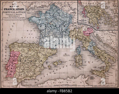 Map of France, Spain, Portugal and Italy with a Greece inset, circa 1861 Stock Photo