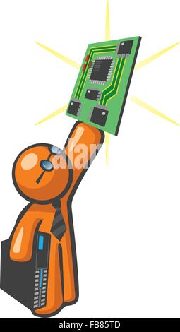 Orange man holding up computer mother board, a concept in server maintenance and upgrades. Stock Vector
