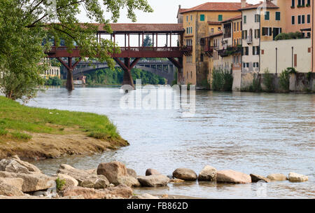 Panorama from Bassano del Grappa, old wooden bridge over Brenta river, italian landscape Stock Photo