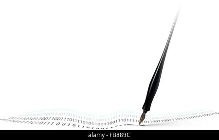 Calligraphy pen writing computer code as binary ones and zeros. Concept in the art of programming. A vector illustration in tech. Stock Vector