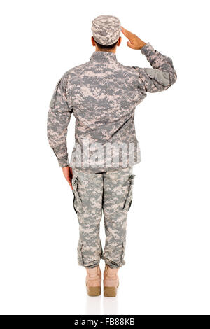 back view of army soldier saluting Stock Photo