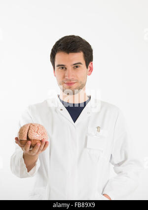 young brunete doctor  stands in front of white background, holds model of human brain Stock Photo