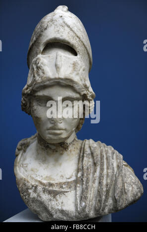 Athena. Rome 2nd century AD. Marble. The helmet is pushed up on her forehead. It was decorated with a sphinx, while the cheek guards have ram's horns in relief. Monsters on helmets and shields were to scare the enemy and protect the bearer against evil. Ny Carlsberg Glyptotek. Copenhagen, Denmark. Stock Photo