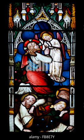 East window of 1869 by Lavers, Berraud and Westlake, depicting Jesus' Agony in the Garden, St Peter's Church, Deene, Northamptonshire, England Stock Photo