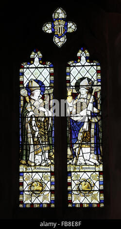 Stained glass window by Burlison & Grylls depicting Saints Ambrose and Augustine, St Peter's Church, Deene, Northamptonshire Stock Photo