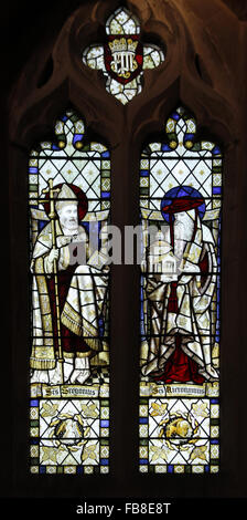 Stained glass window by Burlison & Grylls depicting Saints Gregory and Hieronymus, St Peter's Church, Deene, Northamptonshire Stock Photo