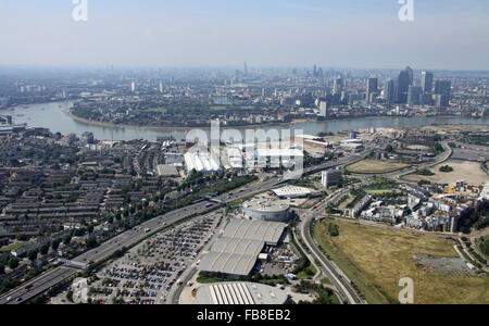 aerial view of Millennium Leisure Park, Bugsby's Way, North Greenwich looking along the A102 towards London Docklands, UK Stock Photo