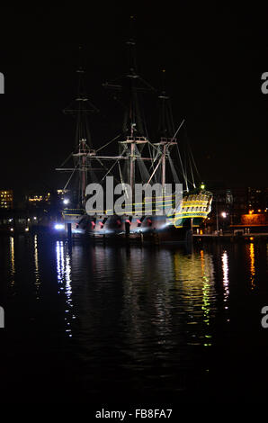 Replica of VOC ship The Amsterdam lit up at night in Amsterdam, The Netherlands Stock Photo