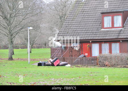 Kemnay, Aberdeenshire, Scotland, UK. 11th January, 2016. UK weather. Flooding damage at Kembhill Park, Kemnay Credit:  Kemnay Photographic/Alamy Live News Stock Photo