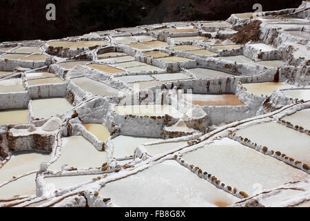 Salinas de Maras salt evaporation ponds along the slopes of Qaqawiñay mountain, in the Urumbamba Valley, Cusco Region, Peru Stock Photo