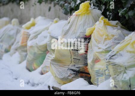 Plastics, cans and polystyrene are collected in 'Gelbe Sack' yellow plastic bags in Germany, Germany, 07. January 2016. Photo: Frank May