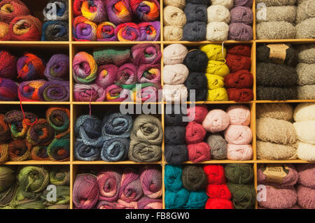 Close up of varieties of wool for sale in a shop - Aberdeenshire, Scotland. Stock Photo