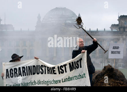 Berlin, Germany. 12th Jan, 2016. Representatives of farmers, environmentalists and consumer advocates hold up a banner that reads 'Agrarindustrie ist Mist' (lit. Agricultural industry is crap) next to steaming dung piled up on the street in front the Reichstag parliamentary building in Berlin, Germany, 12 January 2016. The campaign held under the motto 'Wir haben Agrarindustrie satt' (lit. We are fed up with the agricultural industry) also serves to promote an upcoming rally to be held on 16 January. Photo: SOEREN STACHE/dpa/Alamy Live News Stock Photo