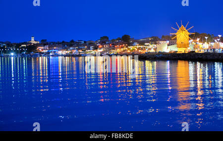 Wooden windmill in Nessebar at night Stock Photo