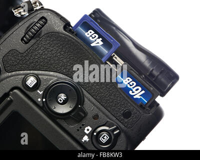 Two SD memory flash card in DSLR camera Stock Photo