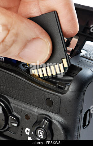 Flash card SD and DSLR camera close-up Stock Photo