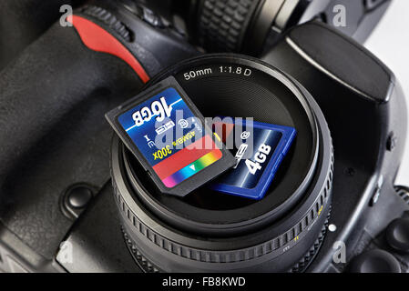 Two SD memory flash card and DSLR camera close-up Stock Photo
