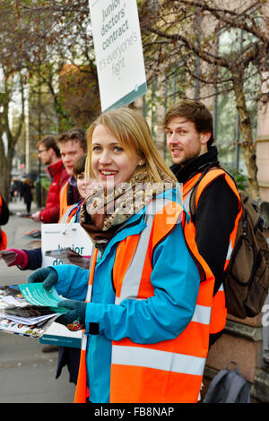 Bristol, England, UK 12 January 2016 Demonstration of Junior Doctors in strike with National Health Service (NHS) and government. The demonstrating doctors emphasizing the worry about new contract which could push them into longer working hours putting patients as risk due to doctors being tired. Demonstrating in front of Saint Michael's Maternity Hospital, The Bristol Royal Hospital for Sick Children. Credit:  Charles Stirling/Alamy Live News Stock Photo