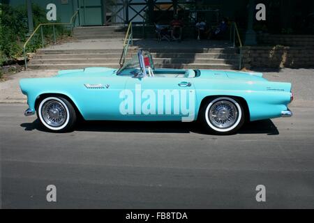 1955 classic car an aqua 'turquoise' blue Ford Thunderbird convertible with the top down in summer Stock Photo