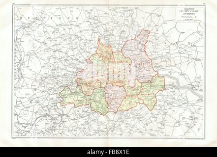 LONDON. London County Court divisions, 1933 vintage map Stock Photo